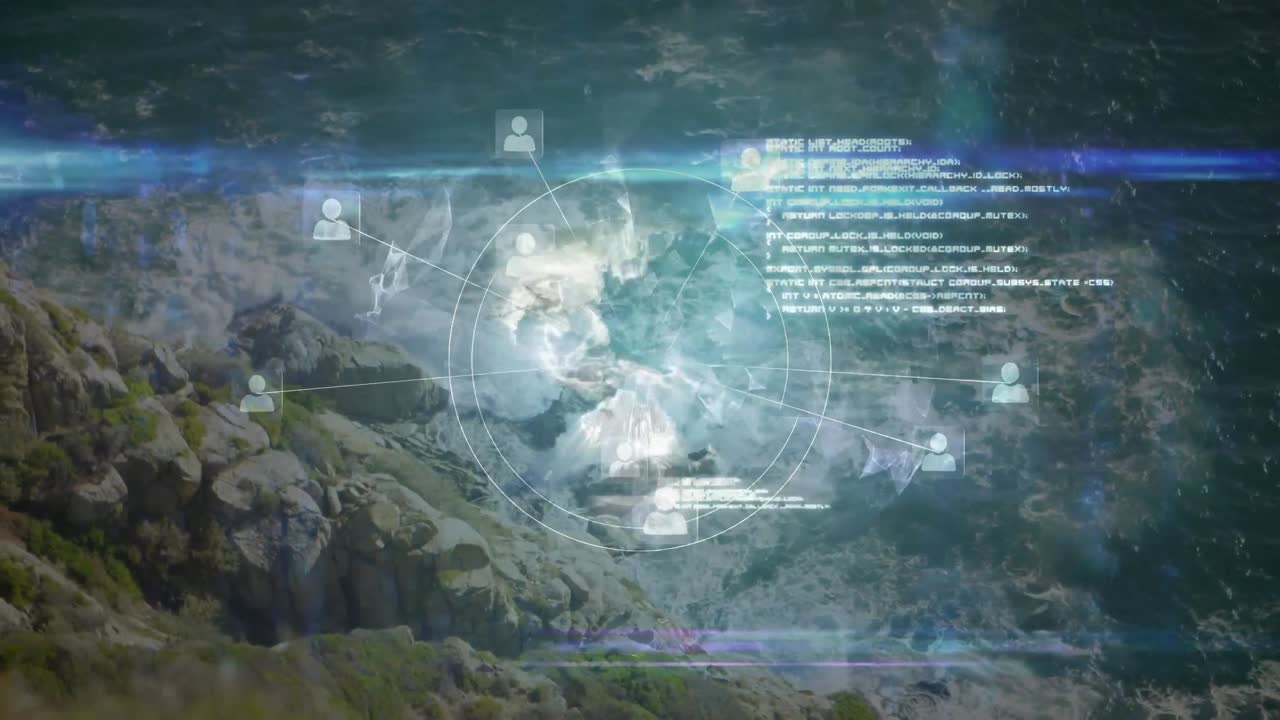 animación del globo con red y procesamiento de datos, sobre paisajes rurales de montaña