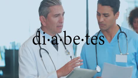 animation of diabetes text over diverse doctors