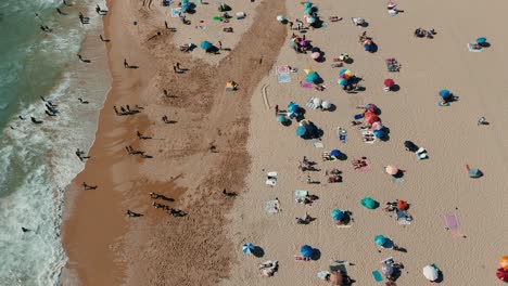 aerial view of beach with people and umbrellas