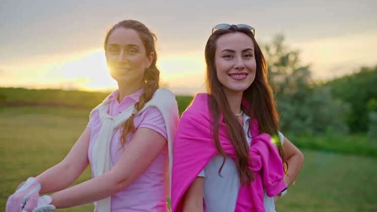 Duas mulheres vestindo roupas brancas e rosas, posando com tacos de golfe nas mãos em um campo de grama