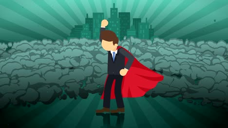 superhero standing on city background. near a cloud of dust. business symbol. leadership and achievement concept. comic loop animation.