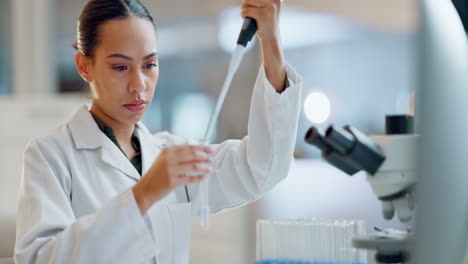 science, results and woman with pipette