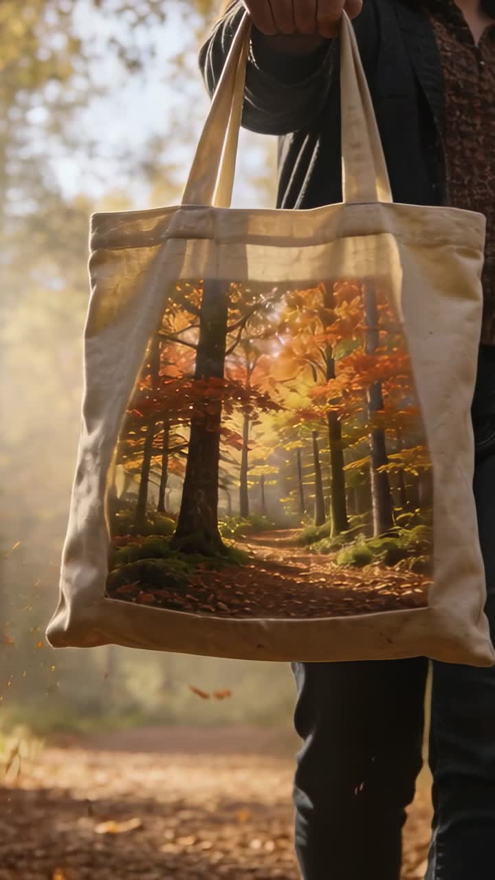 Video verticale: Vento che solleva le foglie, adulto con borsa tote in tela con stampa autunnale che passeggia su un sentiero illuminato con il cappotto.