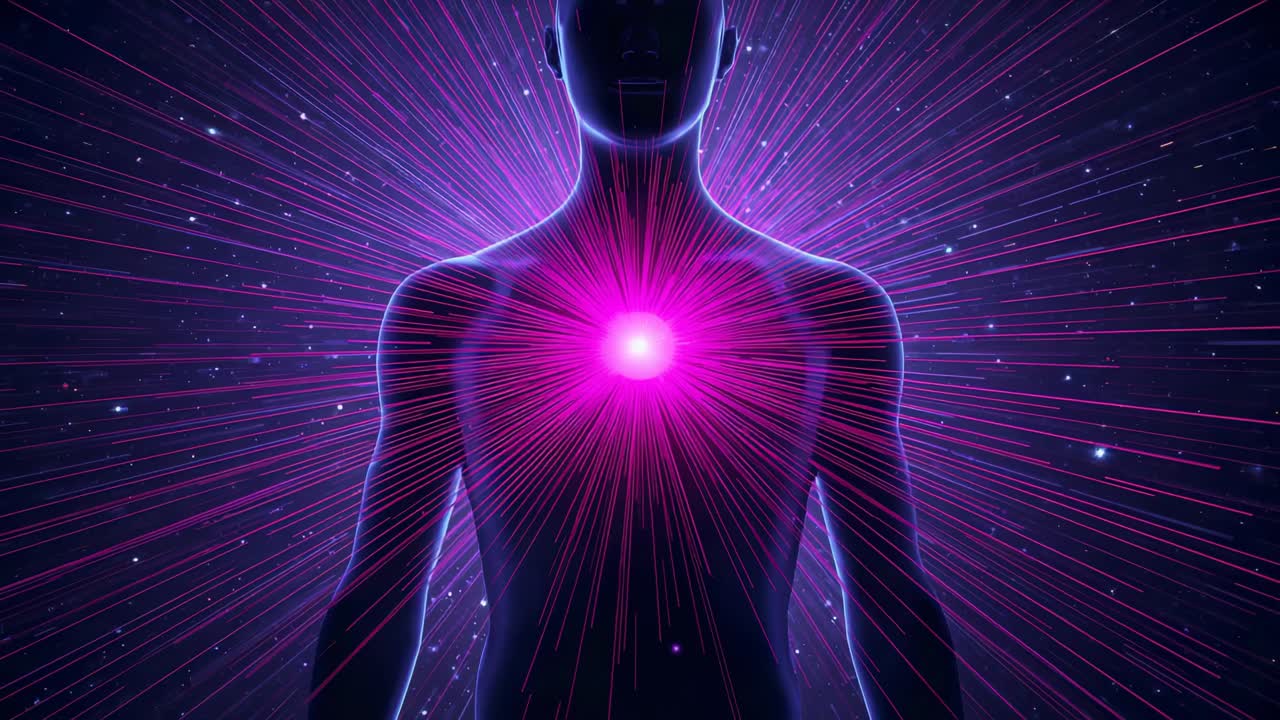 Pulsing chest core causing neon torso emitting expanding magenta rays in space releasing energy