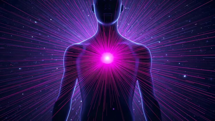Nucleo del torace pulsante che genera un torso al neon che emette raggi magenta in espansione nello spazio rilasciando energia