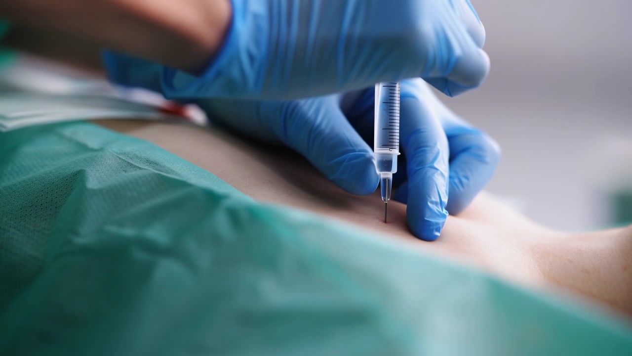 Primo piano di una procedura di iniezione clinica con mani guantate, una siringa e la pelle di un paziente vicino a un telo chirurgico verde sotto una morbida illuminazione medica