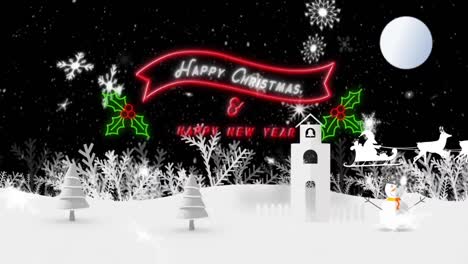 Copos-De-Nieve-Cayendo-Sobre-Feliz-Navidad-Y-Feliz-Año-Nuevo-Texto-Contra-El-Paisaje-Invernal