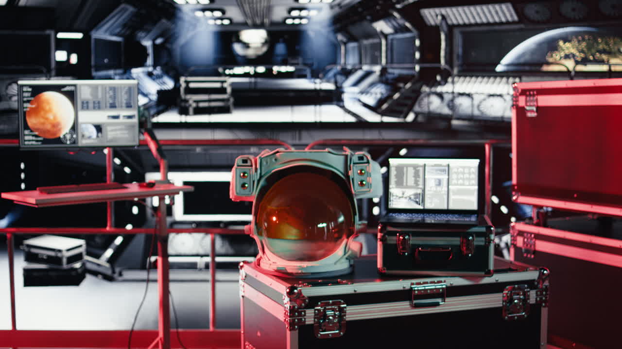 Cosmonaut equipment next to laptop in starship running telemetry software