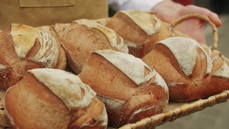 the baker holds in hands a of fresh bread close-up. artisan bread is making by skill bakers using natural and high-quality ingredients. food with health and flavour benefits.