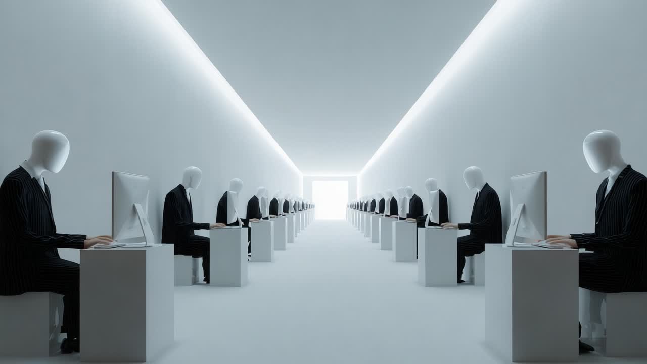 A Futuristic Workspace: A Row of Faceless Office Workers at Computers in a Minimalist, Bright Environment, Highlighting Themes of Automation and Contemporary Design