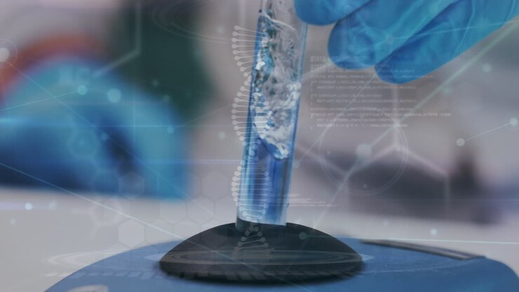 Animation of dna strand and data processing over caucasian scientist in lab