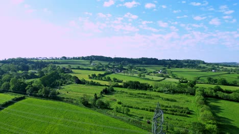 Abstieg-Eines-Pylons-Mit-Einer-Drohne-In-üppiger-Grüner-Landschaft