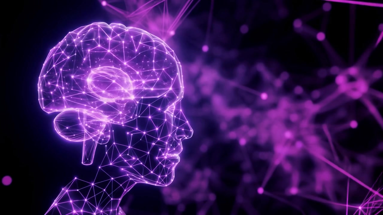 Cervello Umano Futuristico a Wireframe con Connessioni di Rete Neurale Luminose