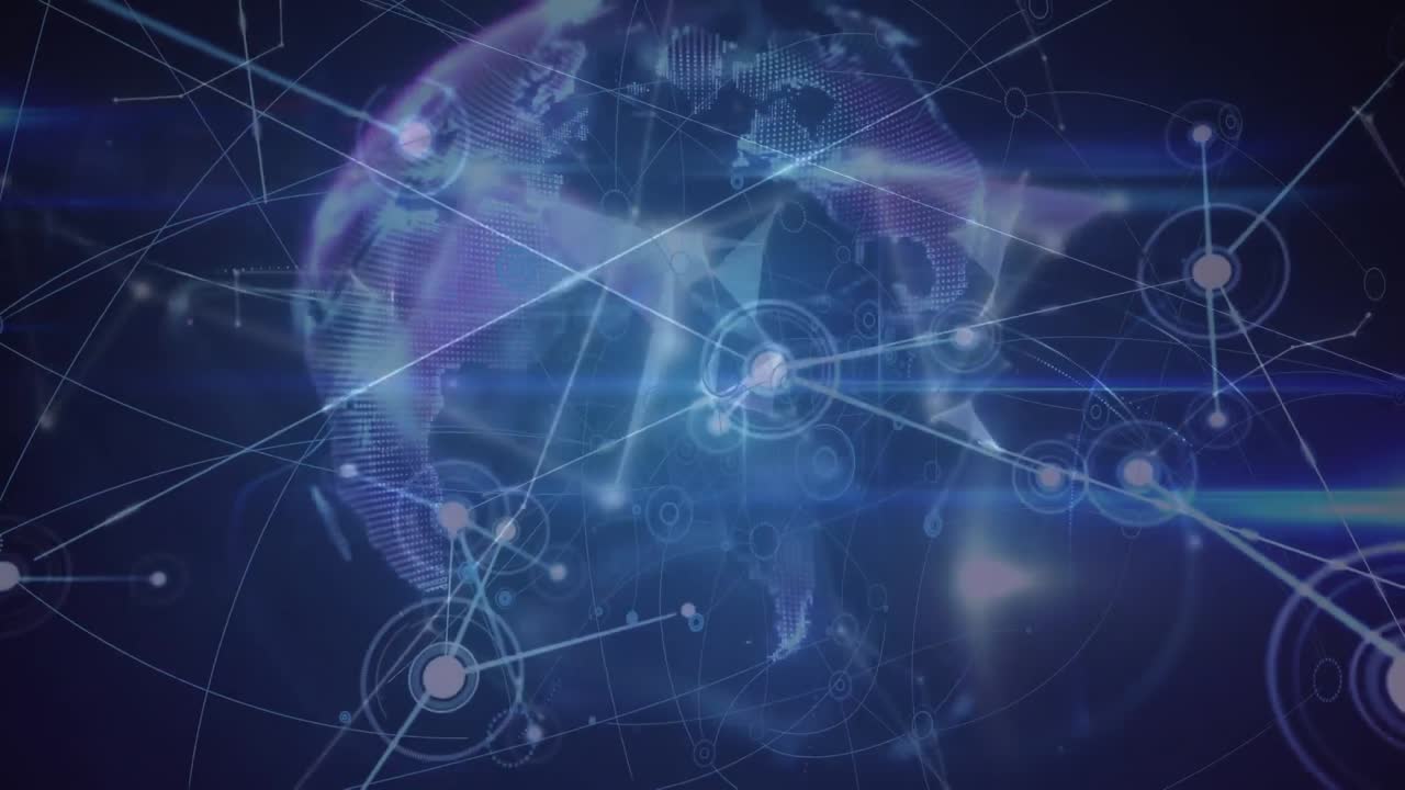 animación de la red de conexiones sobre el globo de las redes de plexo girando contra un fondo azul