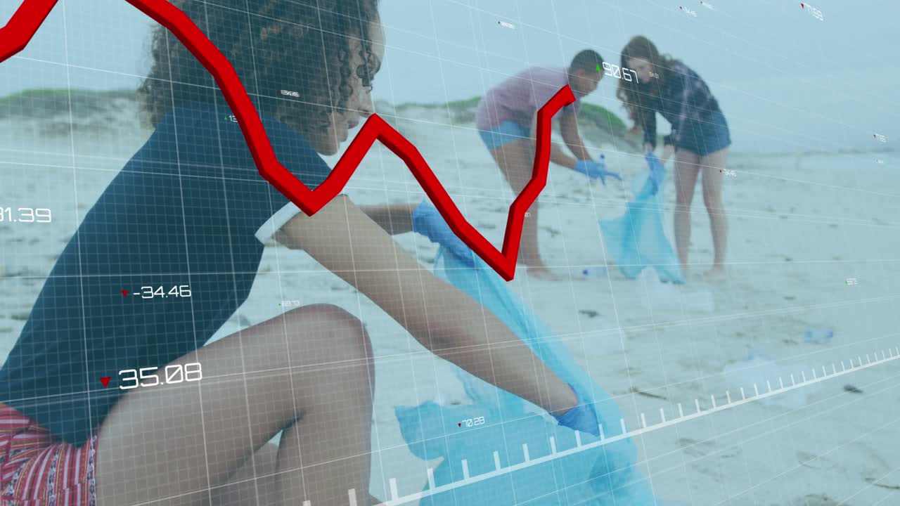 Animazione dell'elaborazione dati su diversi volontari che puliscono la spiaggia