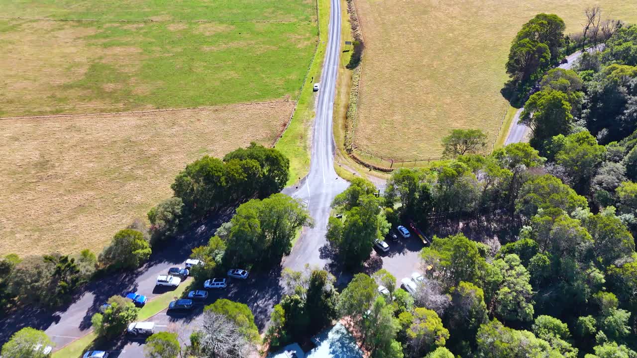 Aerial drone footage smoothly ascends above a rural road bordered by fields and trees in Dorrigo, Australia, under bright daylight with clear visibility