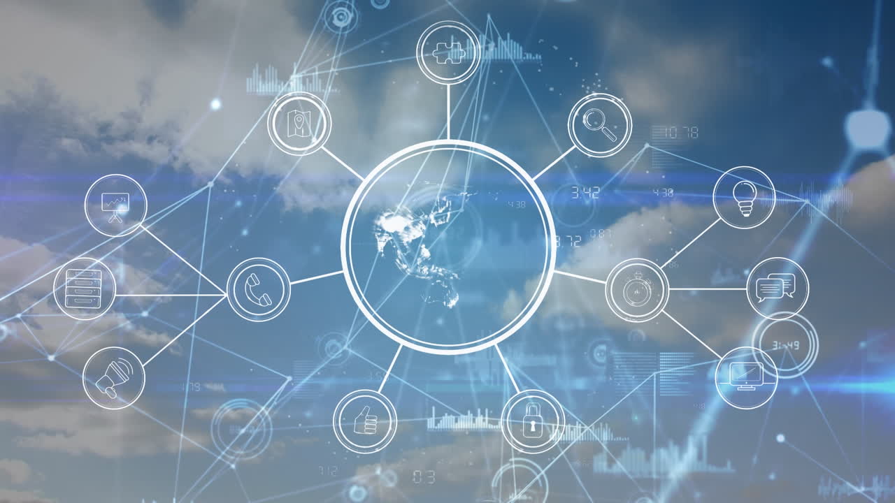 구름이 있는 하늘 위의 연결 네트워크와 아이콘의 애니메이션