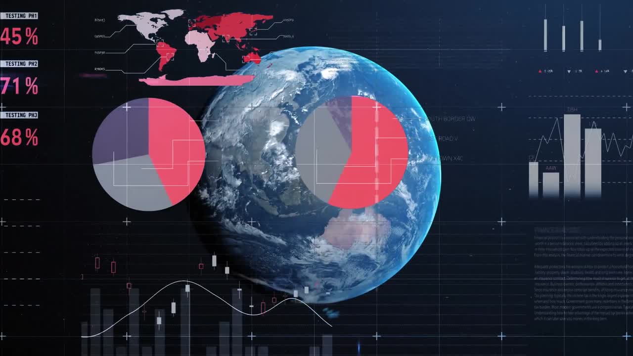 다채로운 파이 차트 및 트레이딩 보드 및 회전하는 지구에 대한 지도의 애니메이션.