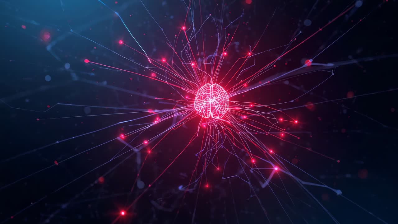 Fulcro centrale a maglie luminose pulsante che invia nodi rossi lungo linee che indicano attività in un campo blu