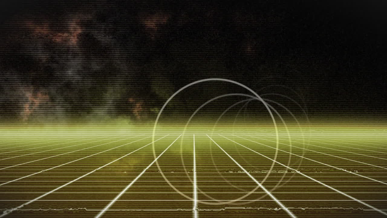 animación de un anillo blanco que se mueve sobre una cuadrícula amarilla brillante y el horizonte, que se mueve en negro