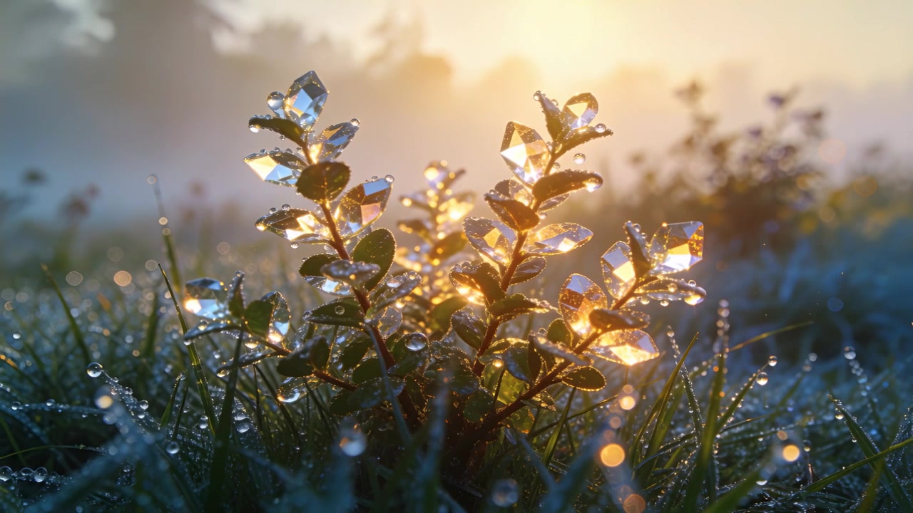 Glänzende kleine breitblättrige Pflanze saugt Sonnenaufgangs-Gegenlicht auf einem Grasfeld auf, erzeugt Tautropfen-Glitzern