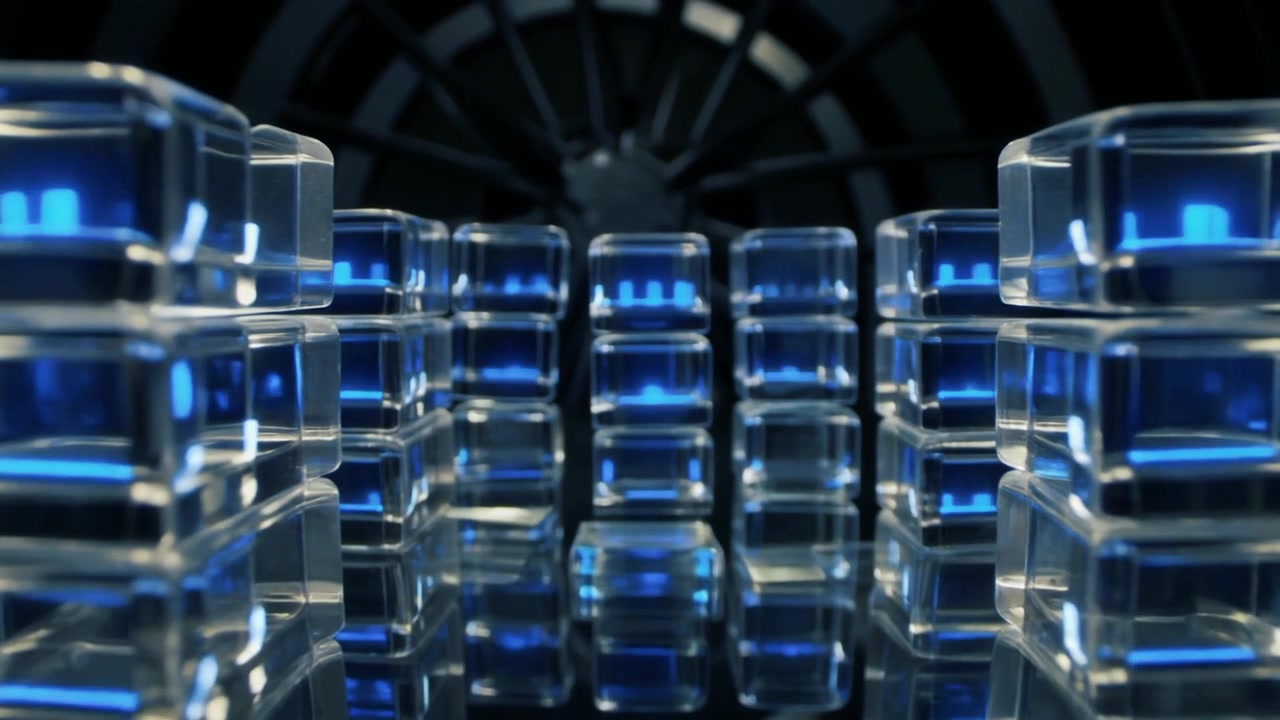 Abstract Digital Visualization of Glowing Blue Data Cubes