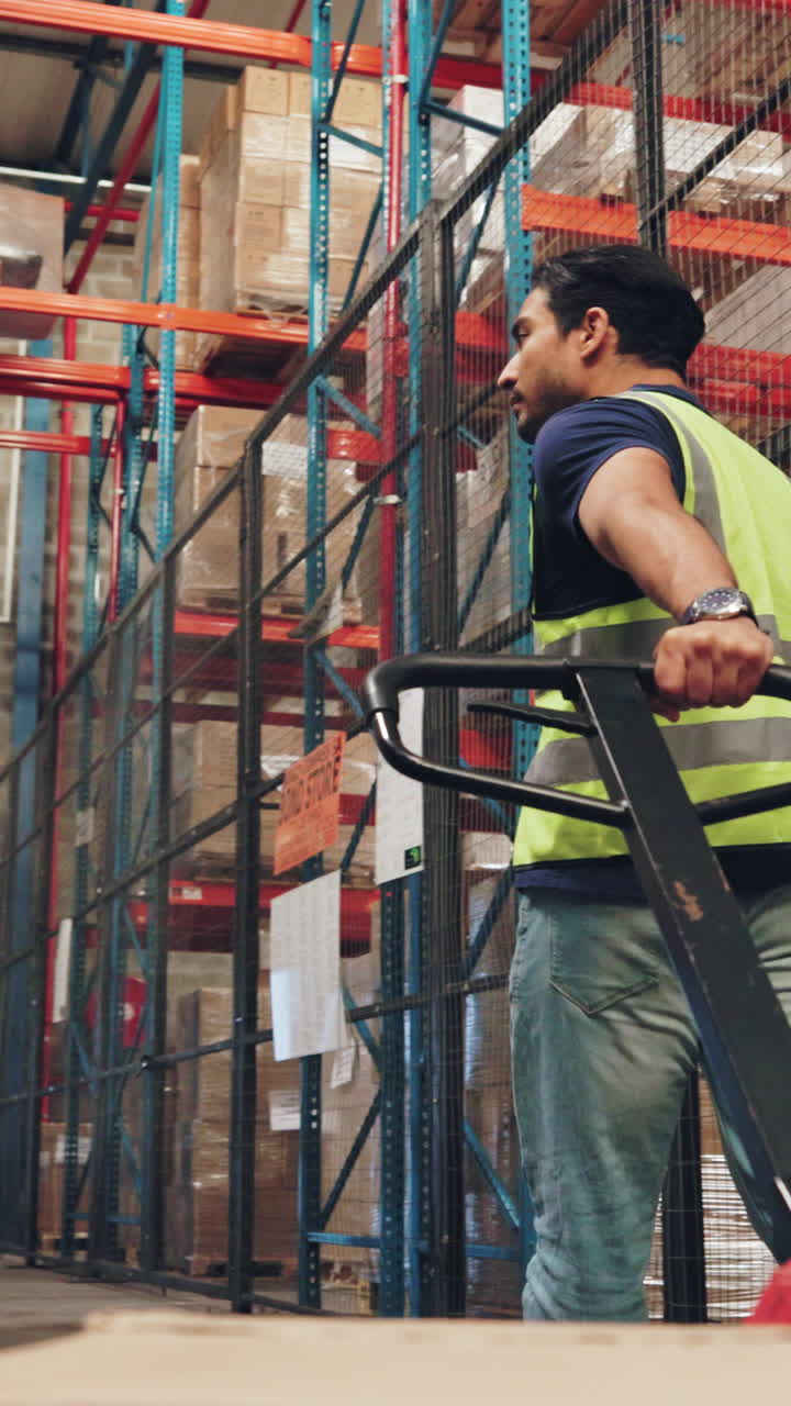 trabajador de almacén que opera un elevador de paletas