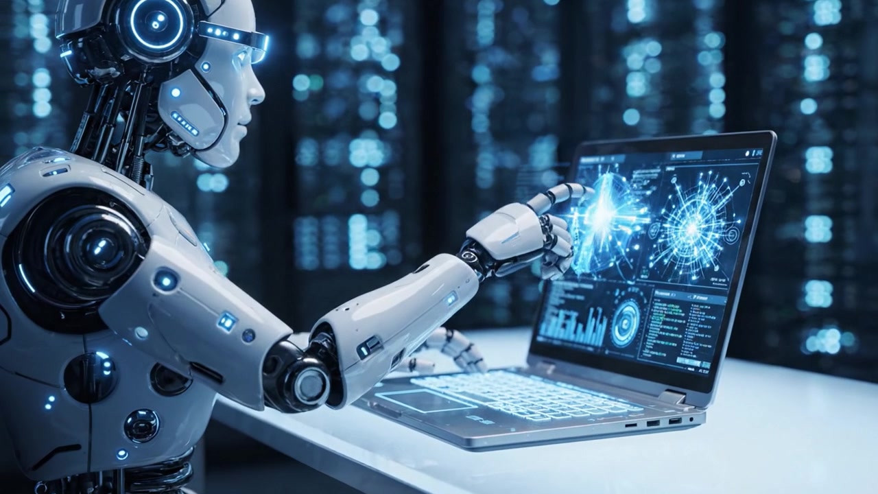 A Futuristic Artificial Intelligence Robot Analyzing Data on a Laptop in a High-Tech Environment, Showcasing Advanced Technology and Digital Interfaces