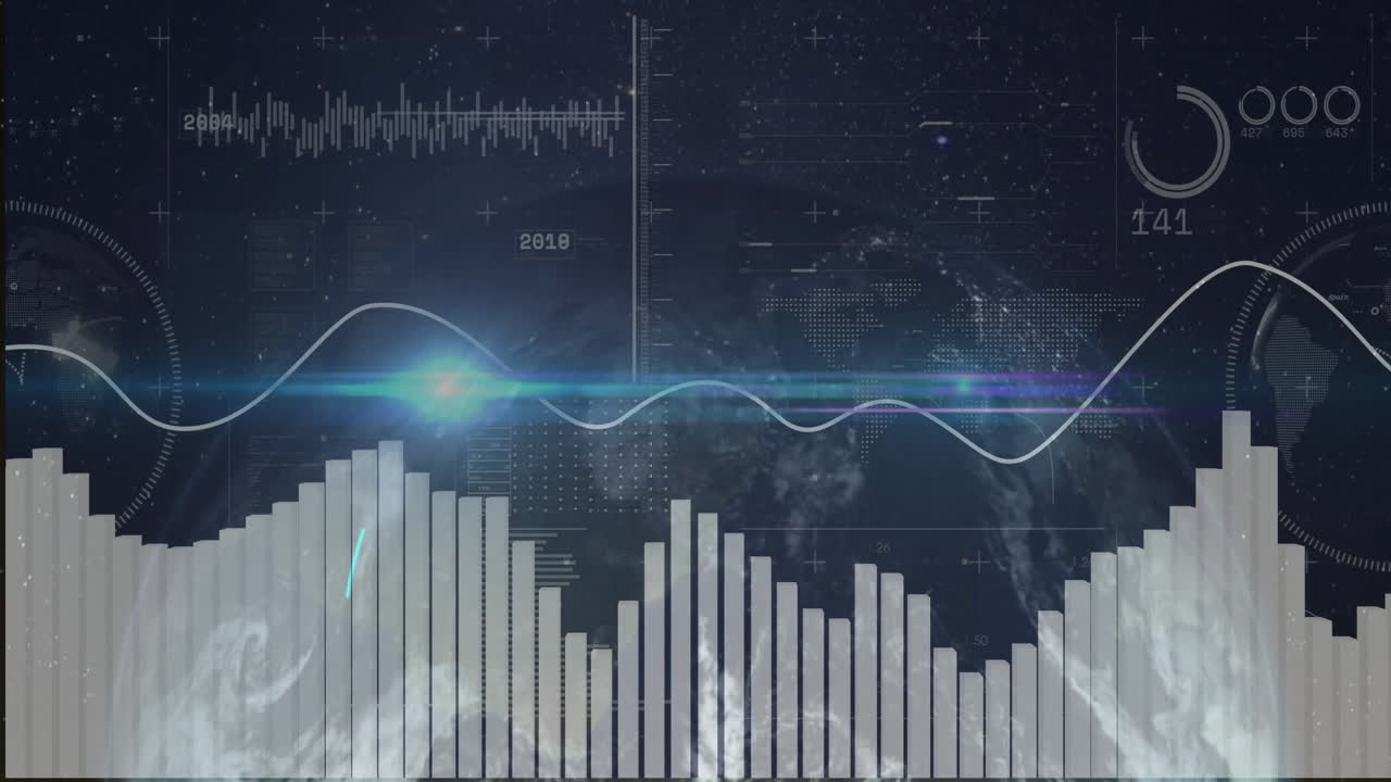 Animation of bar graphs and waveforms overlaying digital globe in starry background