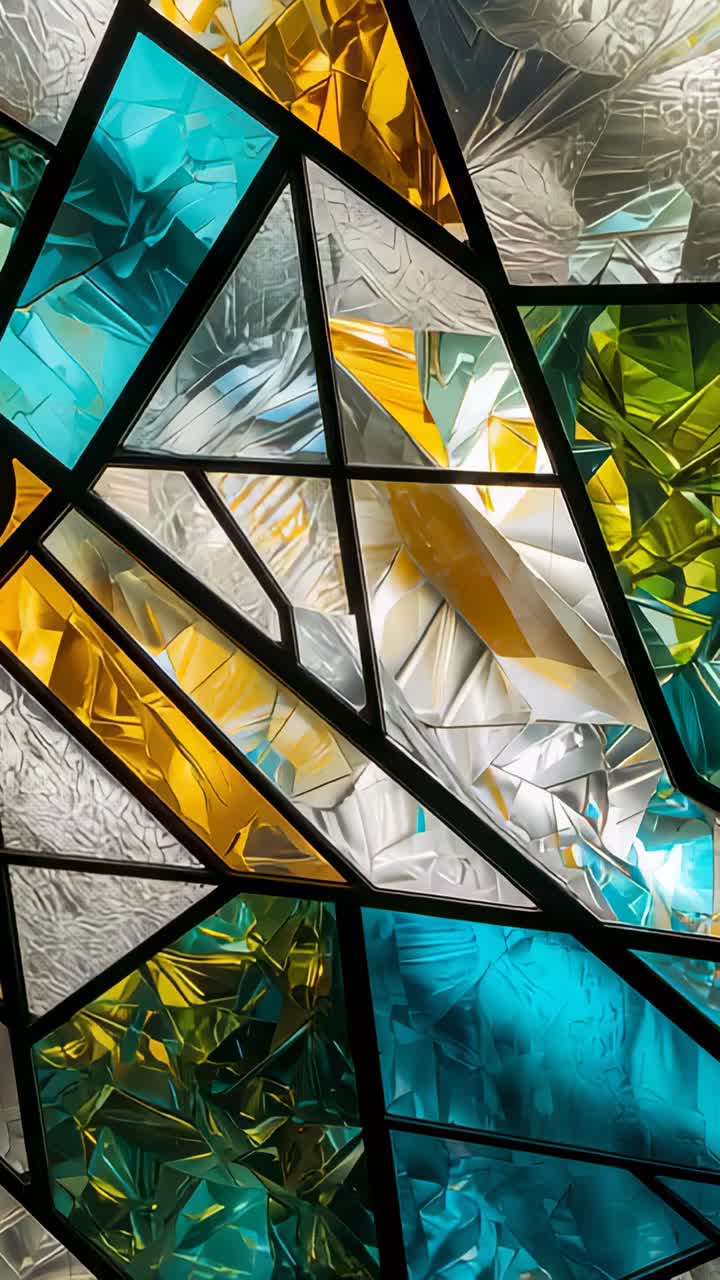 Vertical video: Tilting camera at stained-glass window revealing texture and glints, with lead came