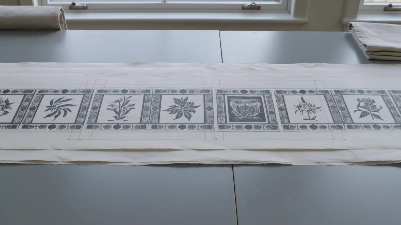 Camera capturing one-second frames of printed strip, roll, stack beneath window for pattern check