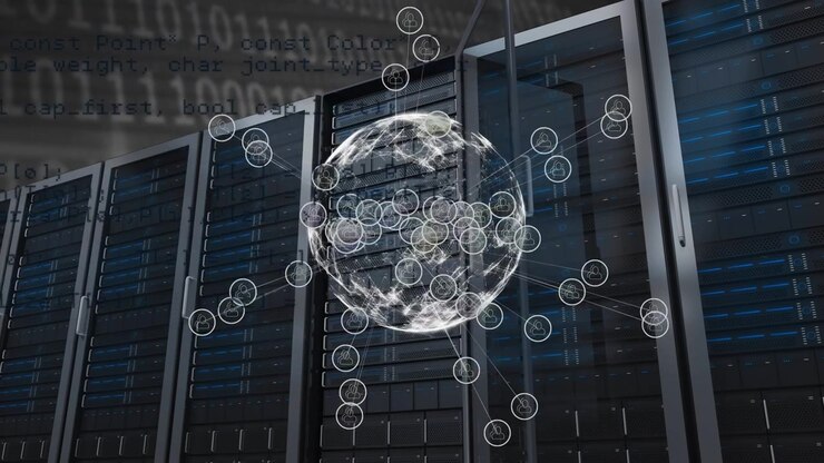 Animation of data processing and globe over server room