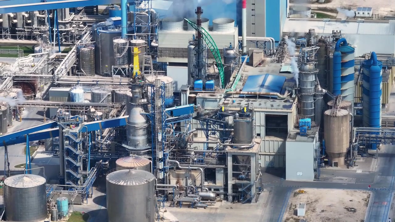 Industrial complex processing eucalyptus for cellulose and paper production. This pulp mill also functions as a bioenergy facility
