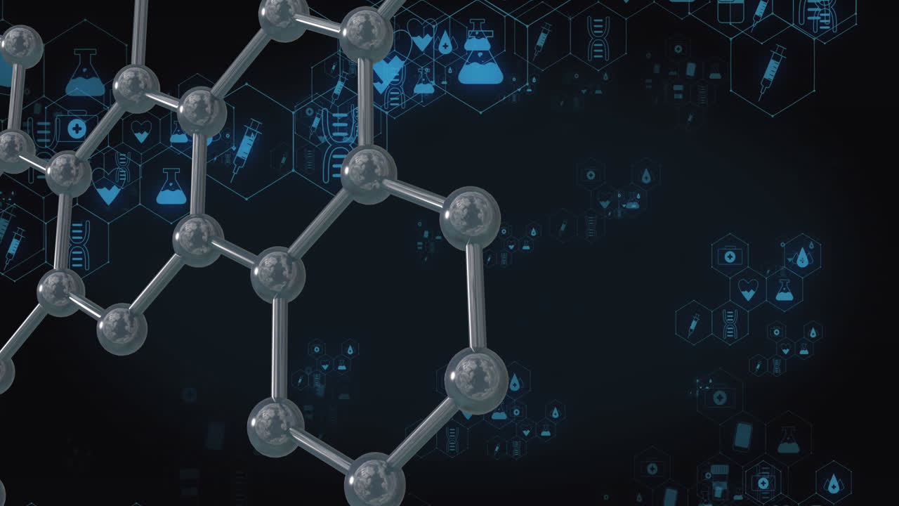 animación de iconos y formas médicas sobre fondo negro