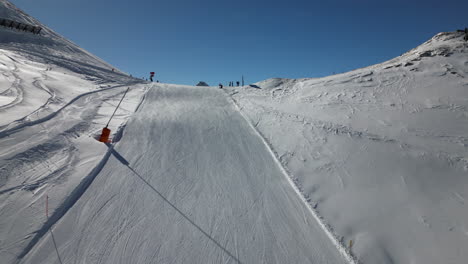 aerial ascent of empty ski hill and mountain reveal, serfaus austria