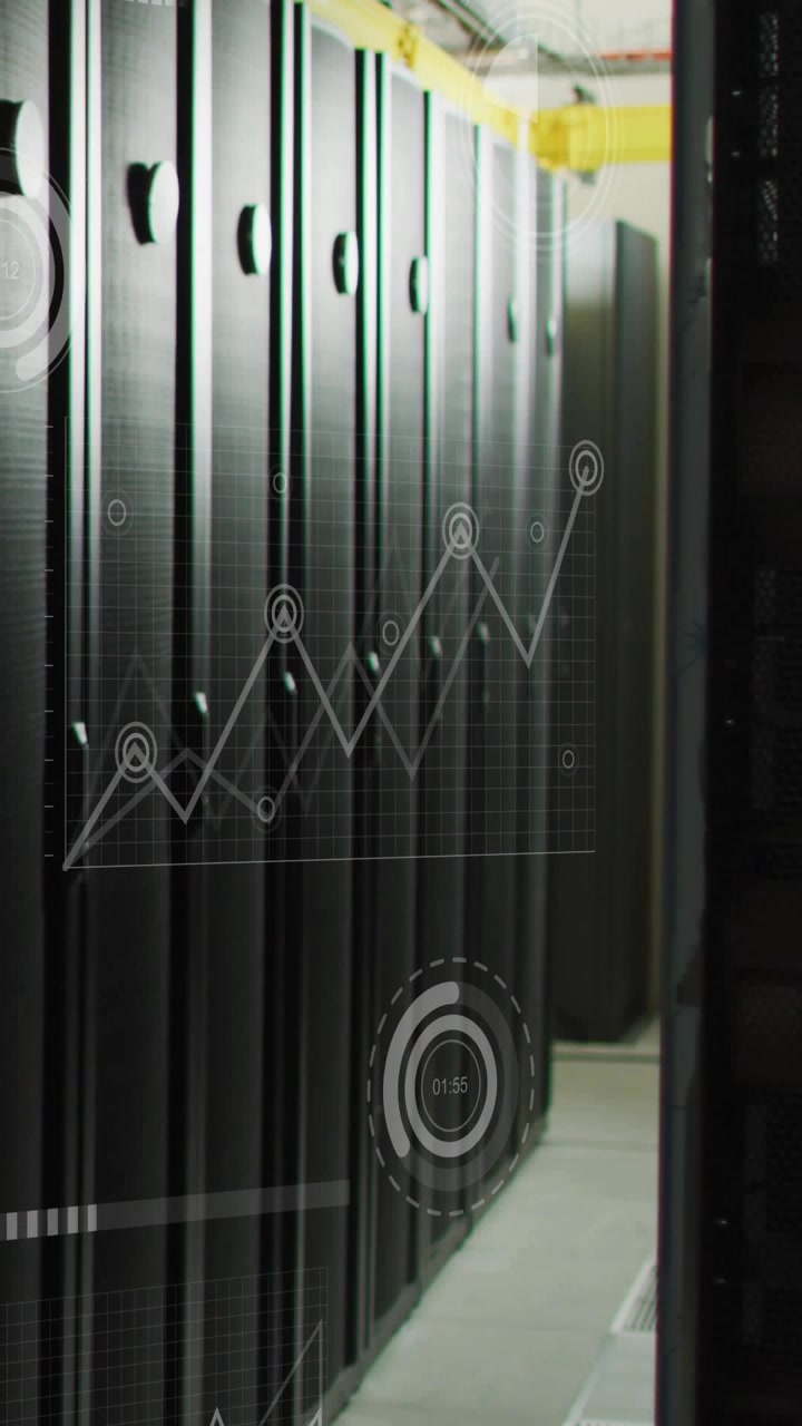 Vertical video: Server racks opening datacenter aisle as camera sliding, chart nodes rising for ops