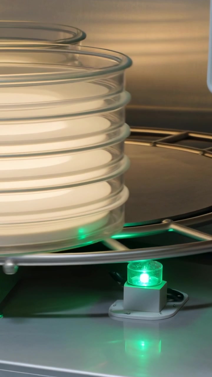 Vertical video: Carousel starting, rotating two petri stacks in lab with green LED for sensor