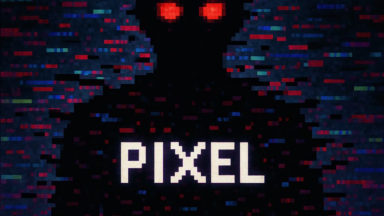 Pixelated phantom with glowing red eyes emerging from a vibrant, colorful digital glitch background, creating an atmosphere of mystery and intrigue in a visually striking composition