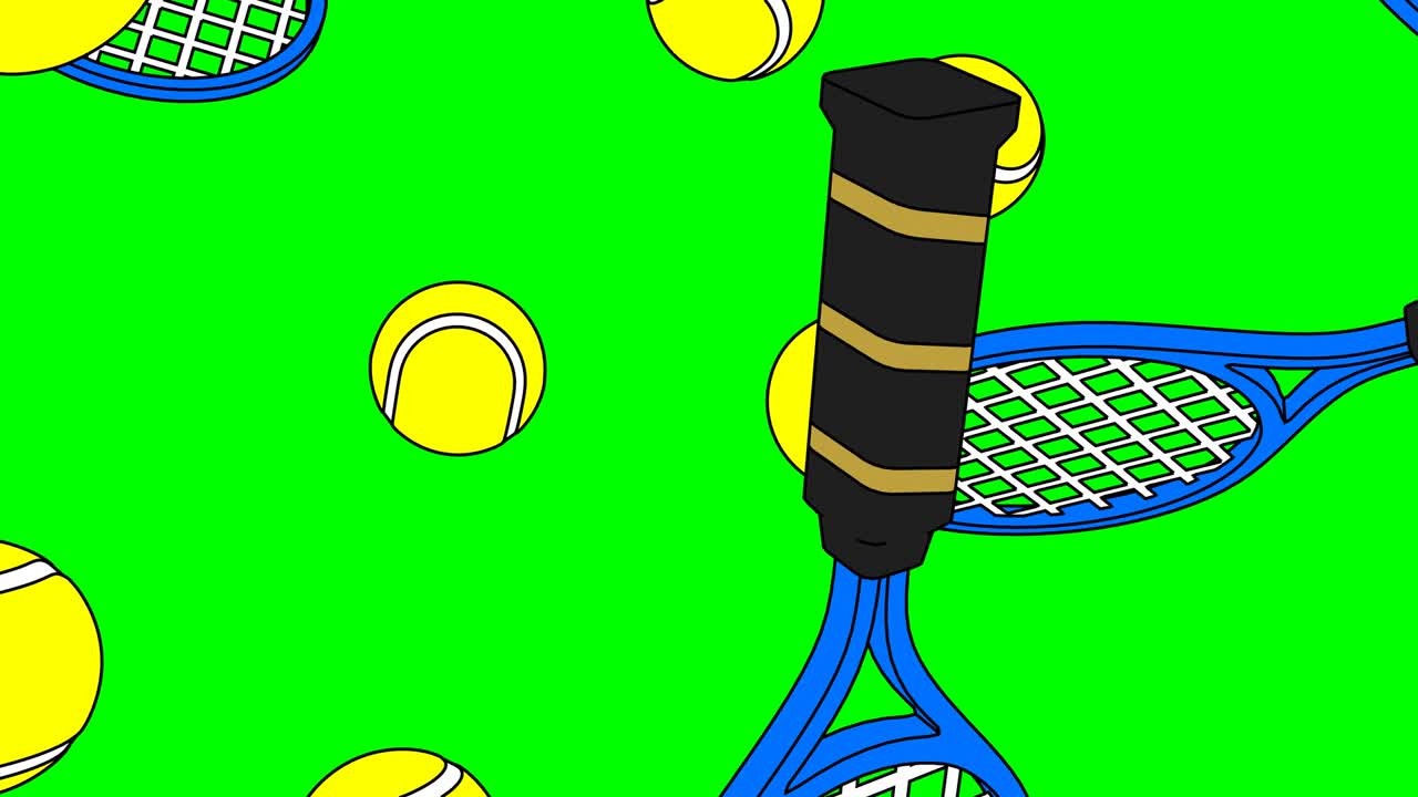 초록색 크로마 키 배경에 톤 스타일의 테니스 공과 파란색 테니스 라켓.