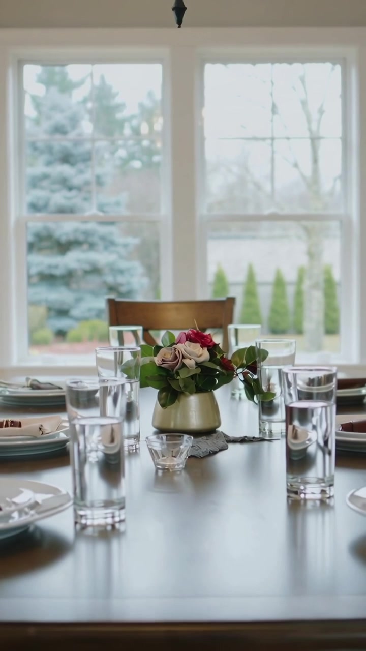Vertical video: Pulling back camera at start showing rose vase on home table for guests in trousers