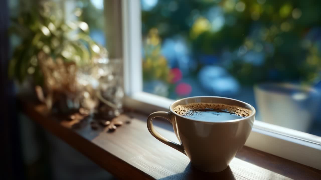 Un momento sereno con una tazza di caffè fumante appoggiata su un davanzale di legno, immersa nella delicata luce del mattino, che invita a iniziare una giornata rilassante
