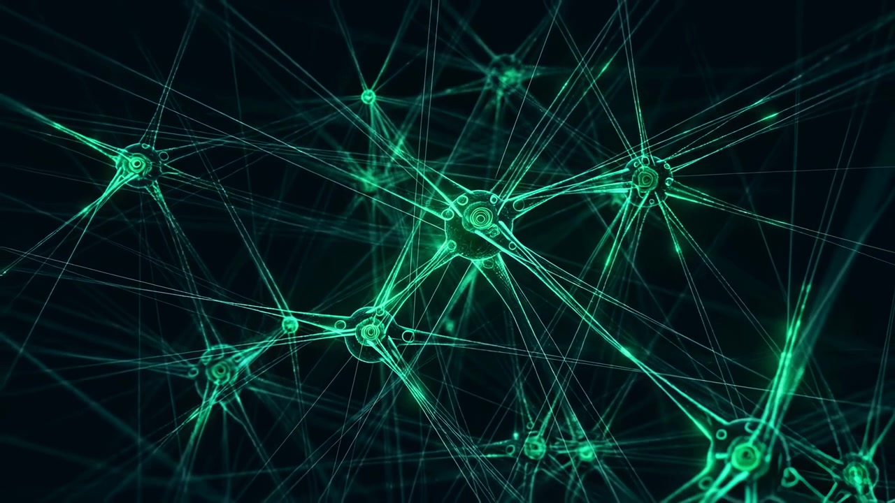 Abstract futuristic scene with luminous green nodes connected by flowing lines across a dark background, suggesting digital communication, data exchange