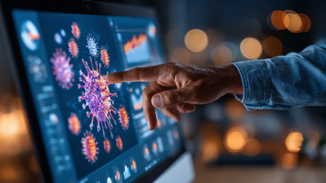 Exploring Viral Particles: A Close-Up Interaction with Advanced Data Visualization on a Digital Screen Featuring Colorful Virus Graphics