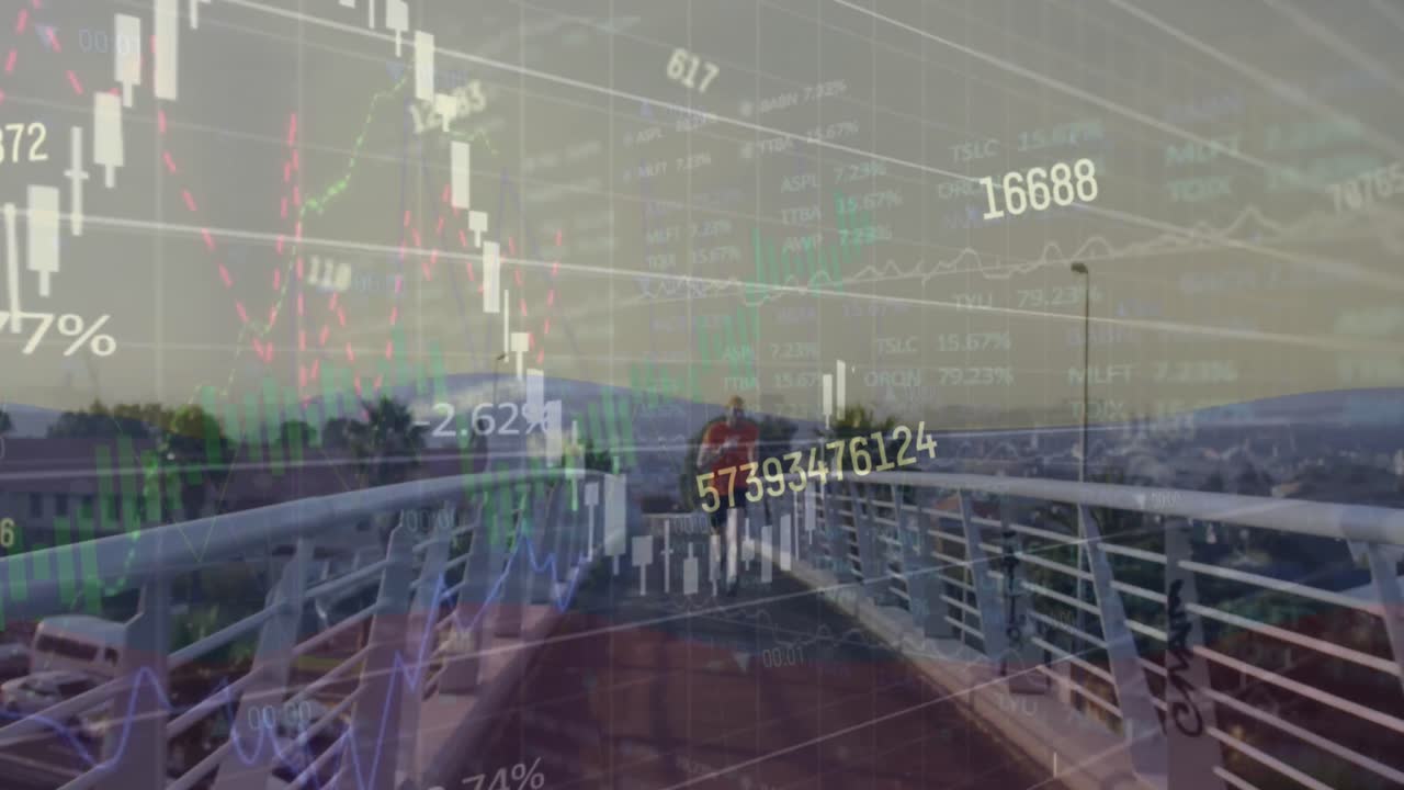 도시 풍경에 대항하여 다리에서 달리는 백인 젊은이에 대한 인포그래픽 인터페이스의 애니메이션