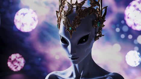 regal alien queen wearing golden crown with emerald gems, standing against swirling purple nebulae and shimmering cosmic bokeh background, embodying mystical interstellar elegance