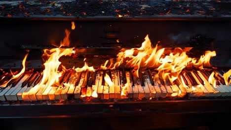 un piano que está sentado en el fuego en el bosque