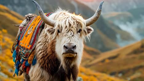 a yak with a colorful blanket on its back standing in a field