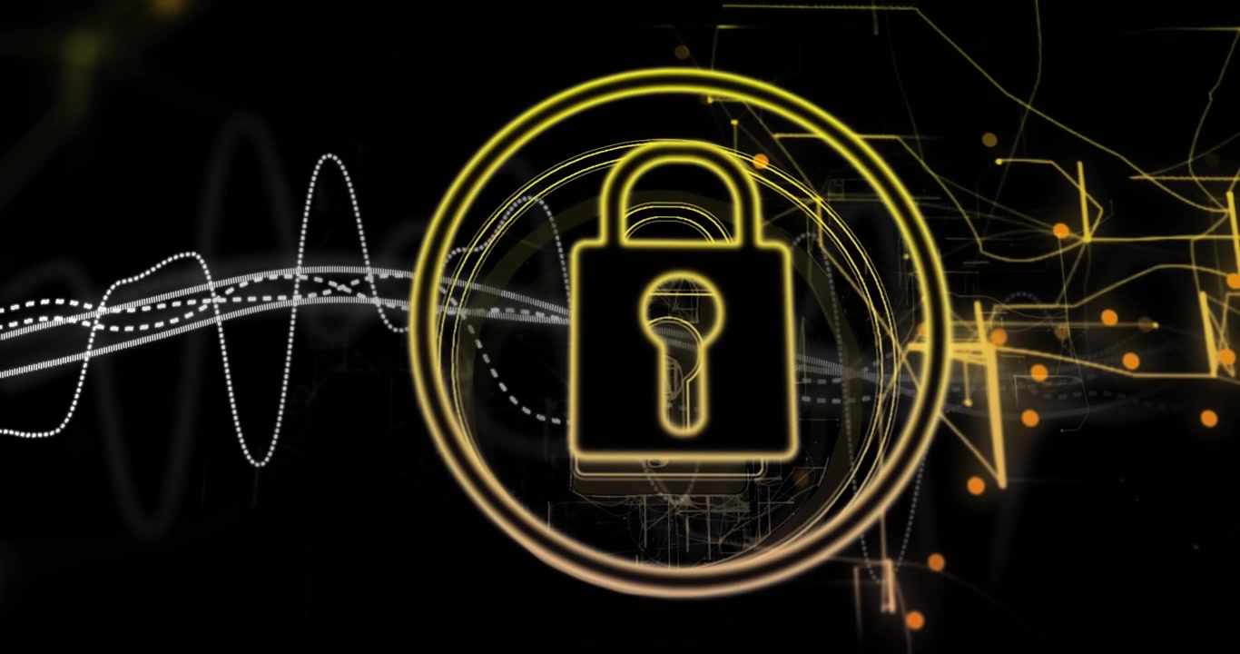 Flowing waveforms growing circle, padlock forming, pulsing, nodes flickering showing security