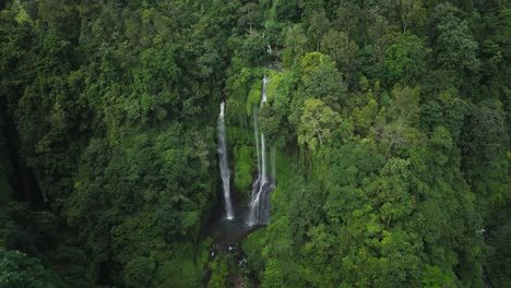 Cascadas-Triples-Sekumpul-En-Una-Exuberante-Jungla-Tropical-Cambiante,-Paraíso-En-La-Naturaleza,-Aéreo