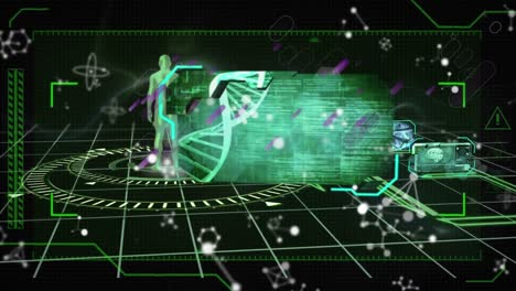 Animation-of-purple-light-trails-and-molecular-structures-against-medical-data-processing